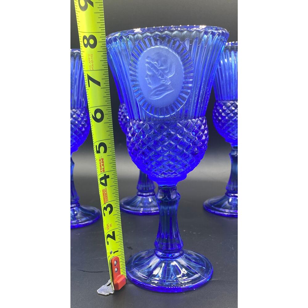 set 4 VTG Cobalt Blue Fostoria Cameo George/Martha Washington Wine Goblets - Picture 7 of 10